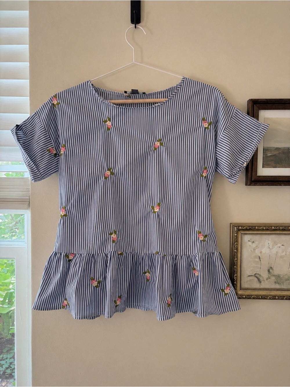 Vintage cottage Striped Blue Floral Peplum Blouse